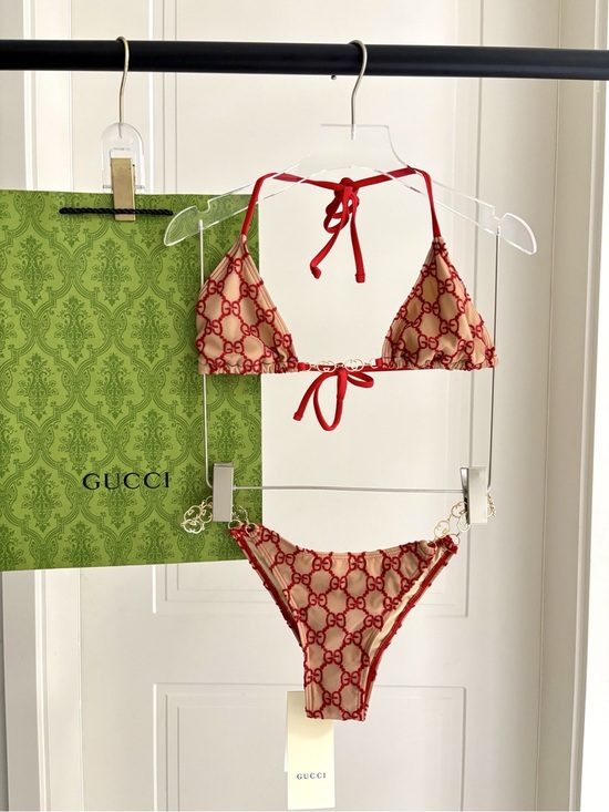 Gucci Other - Gucci Beige and Red GG Logo Triangle Bikini Set